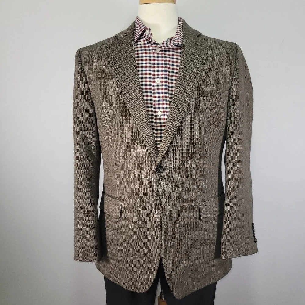 Stafford Men's Sport Coat Blazer Two Button Brown Herringbone Merino‎ Wool 42R